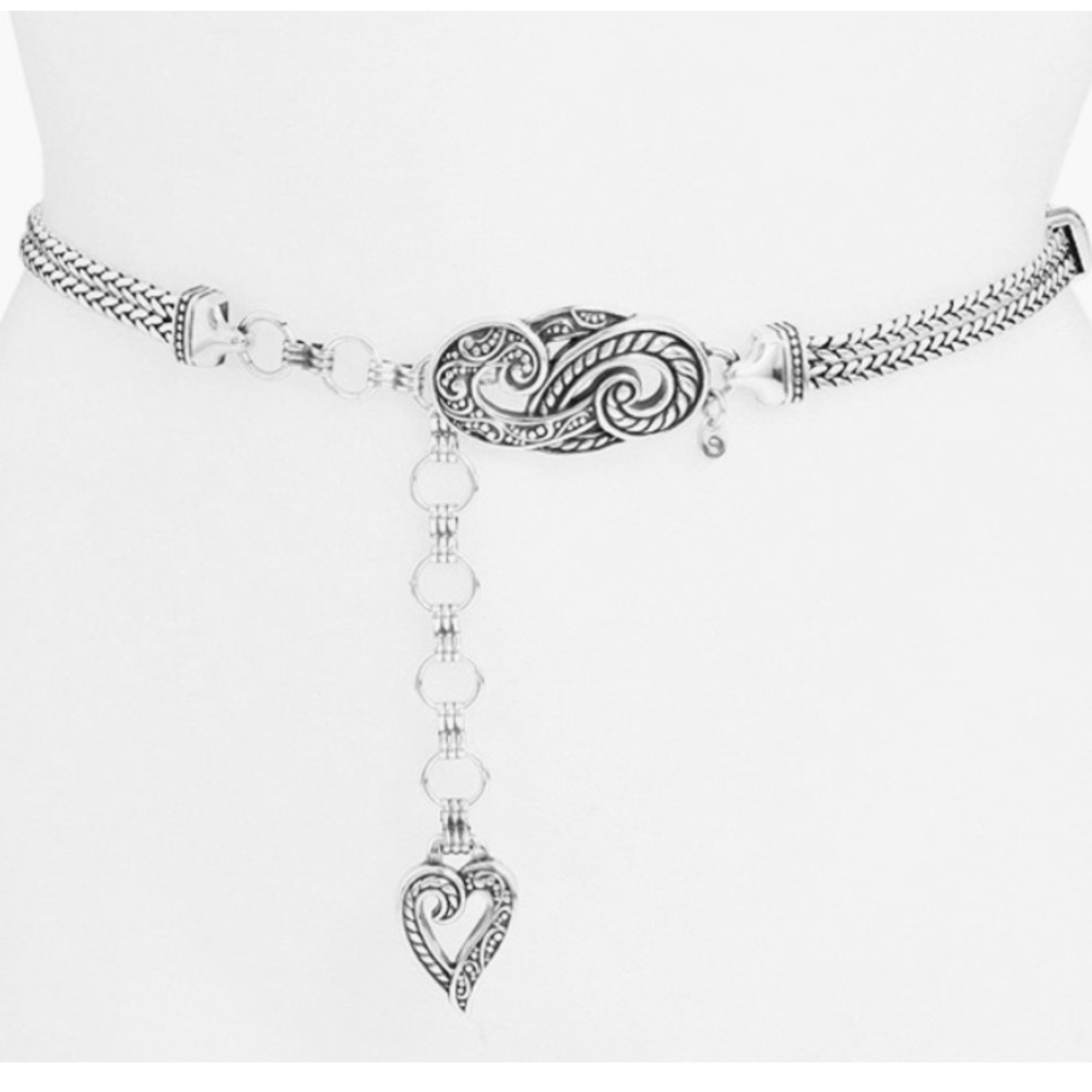 Brighton Bali Hai Vintage Y2K 90s Silver Chain Belt 35 Heart Charm Adjustable